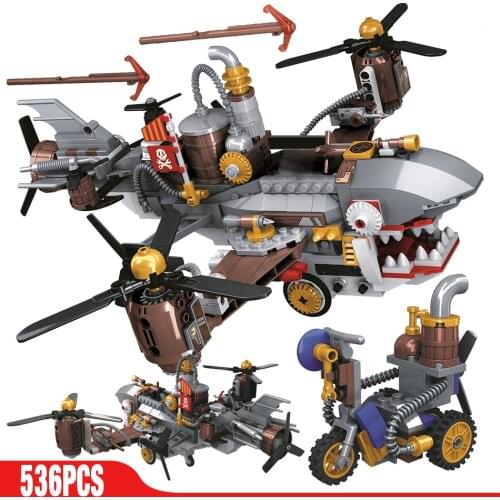 Age Of Steam Series Creator Pirate Shark Airship Building Blocks Sets Bricks Classic Steampunk Model Kids Toys