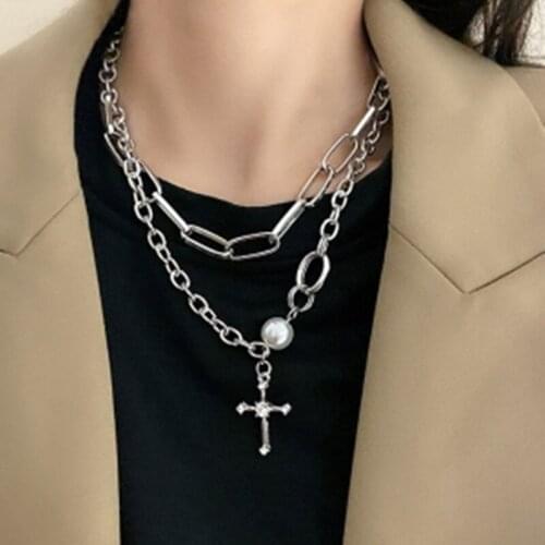 South Korea pearl cross necklace cold wind niche light luxury design double-layer wild domineering tide brand female clavicle ch