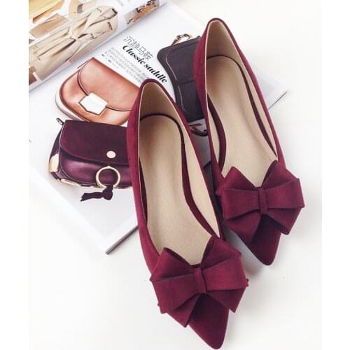 2020 Autumn New Bow Pointed Toe Flat Shoes Women Wedding Shoes Flock Leather Big Bowknot Solid Color Plus Small Size 33 34 43 44