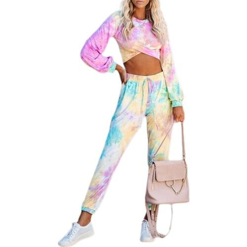 2 Pieces Sport Suit Tie Dye Print Running Set for Women Casual O-Neck Long Sleeve Crop Top+Lace-up Joggers Trousers Female Set