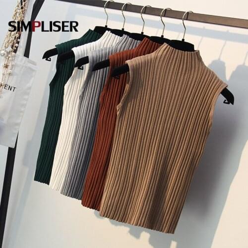 Women Knitting Vest Sleeveless Turtleneck Pullovers Female Knitted Tops 2020 Summer Thin Sweaters White Black Green Cool Tees
