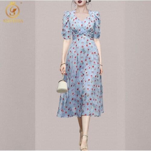 SMTHMA Print Summer Dresses For Woman Sexy V-Neck Elegant Party Dress Woman Clothing Runway Long Dress Vestidos