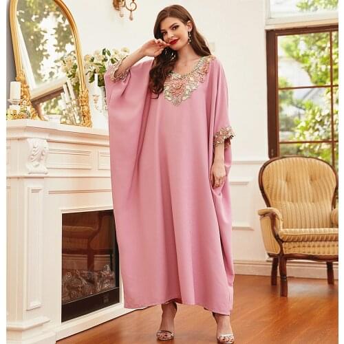 Plus Size Abaya Dubai Turkey Muslim Embroidered Dress Islam Clothing Abayas For Women Pink Robe Femme Longue Musulman
