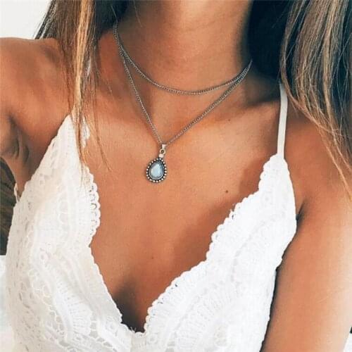 1PC 2 Layer Fashion Women Boho Chain Dripping Stones Pendant Choker Necklace