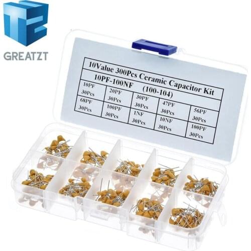 GREATZT 300pcs 10value 50v 10pf 20pf 30pf 47pf 56pf 68pf 100pf 1nf 10nf 100nf Multilayer Ceramic Capacitor Assortment Kit