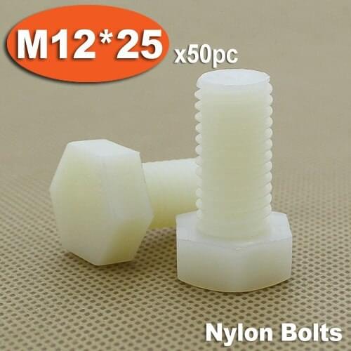 50pcs DIN933 M12 x 25 Fully Threaded White Plastic Nylon Bolts Hexagon Hex Head Bolt Set Screw Setscrews