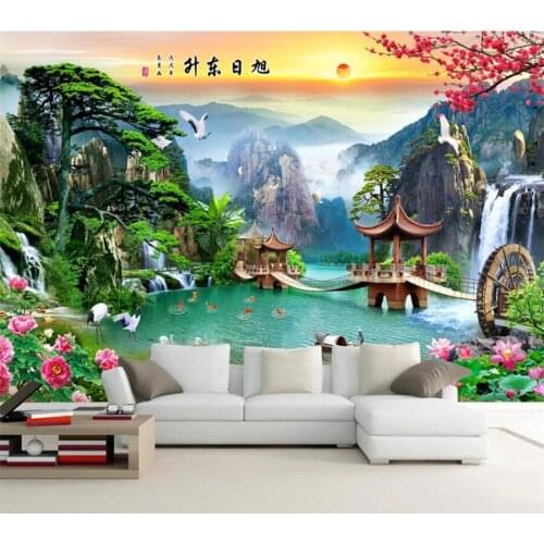 Beibehang Custom wallpaper 3d Chinese painting mountains and rivers waterfalls water fortune TV background wall decoration paint