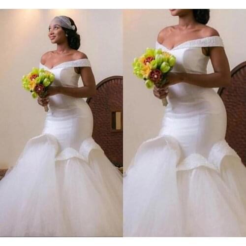 White Lace-up Sweep-Train Off-the-shoulder Tulle Glamorous Beads Mermaid Wedding Dress