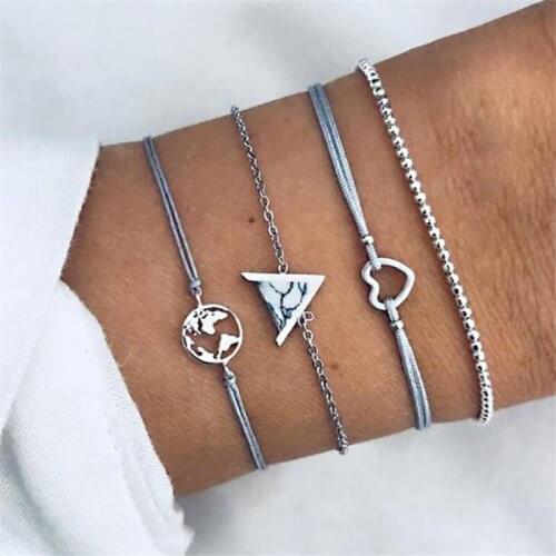 4 Pcs/Set Fashion Bracelet Hollow Earth Map Love Triangle Bangles For Women Jewellery Beach Party Friends Gift