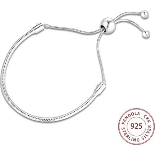 100% 925 Sterling Silver Moments Sliding Snake Chain Bracelets Women Sterling Silver Jewelry Bracelet Argent 925