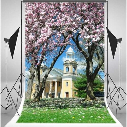 Photography Backdrop Blooming Fresh Flowers Castle European Building Trees Grass Field Blue Sky White Cloud Nature