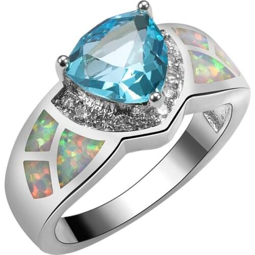 Created Simulated Aquamarine With White Fire Opal 925 Sterling Silver Size 6 7 8 9 10 R1532