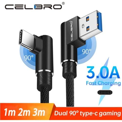 90 Degree Right Angle USB Type C Cable 3m 2m Cabo Tipe C for Xiaomi Mi 10 9 9t A3 Samsung Galaxy S20 Ultra Note 10 Plus A50 A70