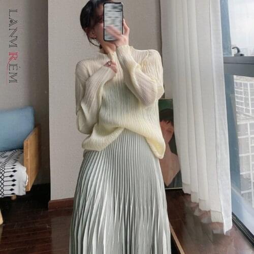 LANMREM 2021 stand collar pleated loose all-match white t-shirt solid color casual fashion top for women fashion tide 2A2869