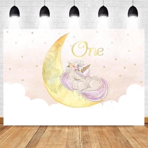 Mehofoto One Baby Birthday Party Photo Backdrop for Photography Lovely Unicorn Style Background Glitter Moon Stars Baby Shower