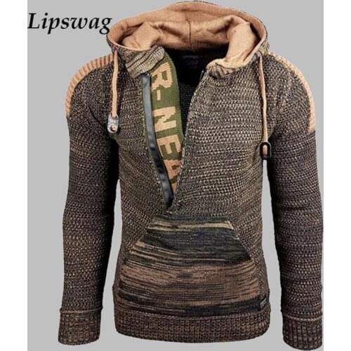 Fashion Patchwork Zipper Knitted Sweaters Men Winter Thick Warm Long Sleeve Hooded Jumper Male Plus Size Casual Hoodie Pullovers