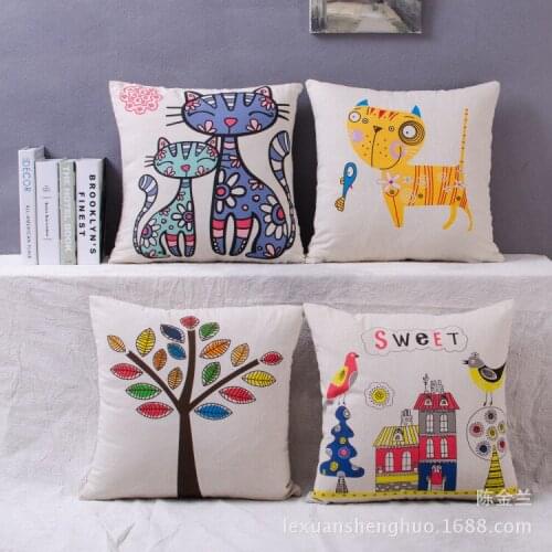 2015 New Hot SaleCartoon Cat Printed Cotton linen Pillow Sofa Cushion Cover Childrens cartoon cats customized car pillow Case