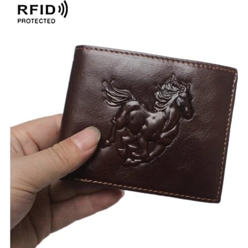 New slim RIFD anti-magnetic mens wallet retro embossed horse Pentium short wallet