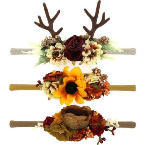 3Pcs/Lot Christmas Flower Baby Headband Antlers Ear Sunflower Artificial Floral Elastic Nylon Hair Bands Newborn Accessories