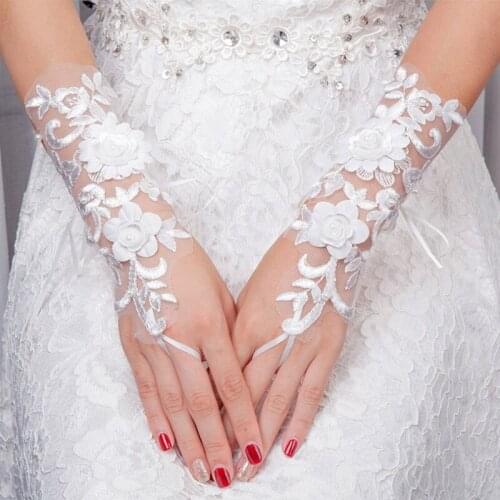 Prosperous Times The Bride Long Design Strap Bride Mitring Quality Pearl Car Lace Decoration Wedding Gloves