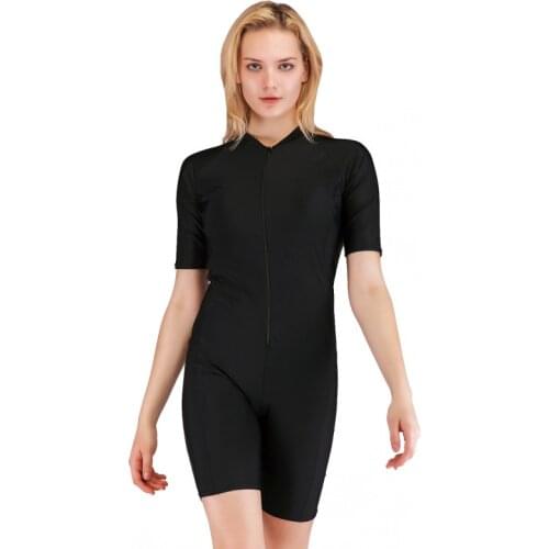 Professional Sport Short Sleeve Zipper Swimsuit Women One Piece Bathing Suit Athlete Knee Length Swimwear Monokini Slim Bodysuit