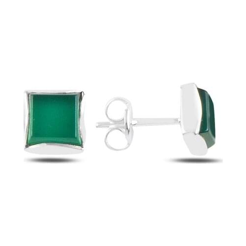 Silver 925 Sterling Square Green Agate Natural Stone Earrings