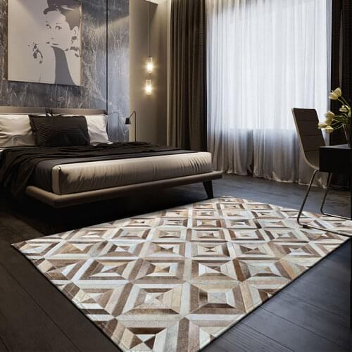 Modern Cowhide Patchwork Area Rug , Big Size Genuine Cow Skin Fur Carpet, Brown Plaid Real Fur Living Room Decoration Rug