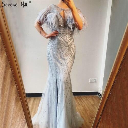 Dubai Mermaid V-Neck Beading Diamond Formal Dress 2020 Silver Feathers Shawl Yarn Sexy Evening Dresses Serene Hill DLA70355