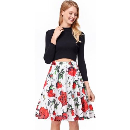 2019 spring summer new womens high waist A word skirt retro Hepburn rose print Cute fashion office lady Pleated skirt