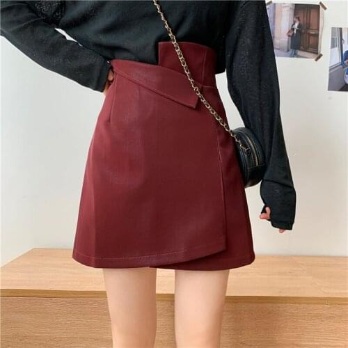 Irregular Faux PU Leather Skirt Women Bodycon High Waist Sexy Mini Skirts 2020 Autumn Winter A-line Elegant Burgundy Skirt OL