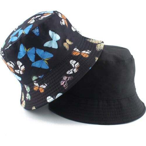 2020 New Fashion Women Butterfly Print Fisherman Hat Panama Reversible Bucket Hats Hip Hop Fishing Cap