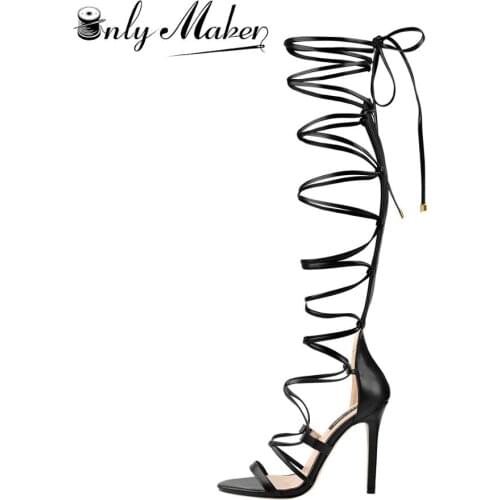 Onlymaker Womens Criss Cross Strappy Long Lace Up Sandals Stiletto High Heels Strap Open Toe Casual Sandals Large Size US5-15
