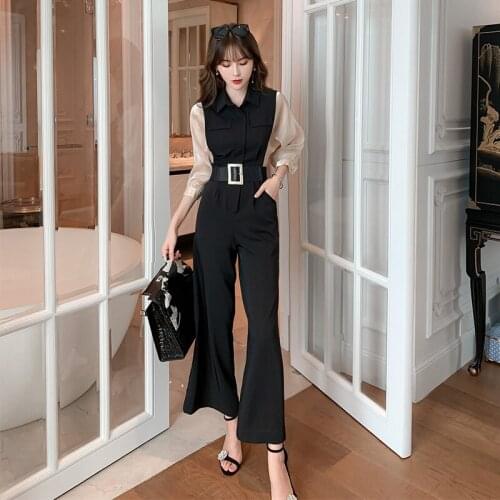 Long Rompers Patchwork Women Jumpsuit Autumn Turn-down Collar Party Catsuit Overalls Belt Bodysuit Club Pants Playsuits Rompers