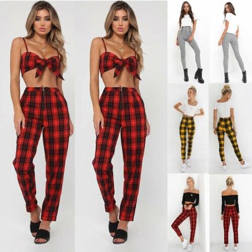 Fashion Office Women Suit Tartan Plaid High Waist Trousers Ladies Checked Slim Fit Long Pencil Pants