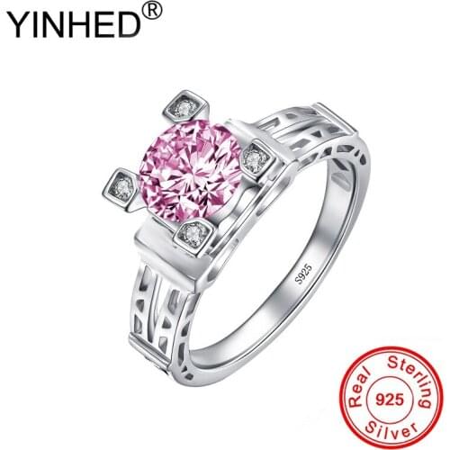 YINHED Wholesale Fashion Eiffel Tower Ring Genuine 925 Sterling Silver Jewelry Pink Cubic Zirconia Wedding Rings for Women ZR623