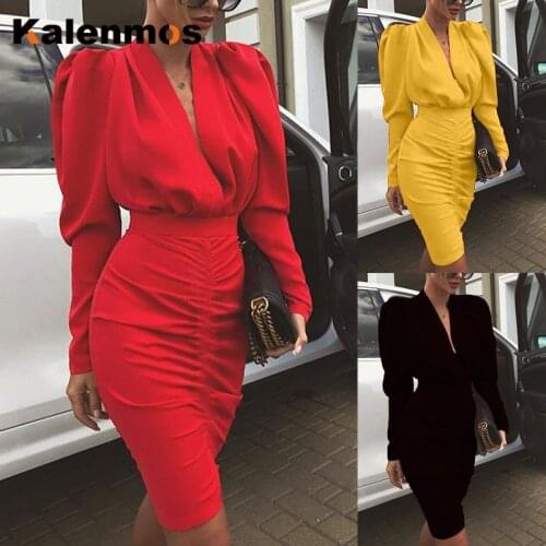 Elegant Dress Women V-Neck Lantern Sleeve Solid Spring Knee-Length OL Work High Waist Long Sleeve Party Sexy Bodycon Vestidos