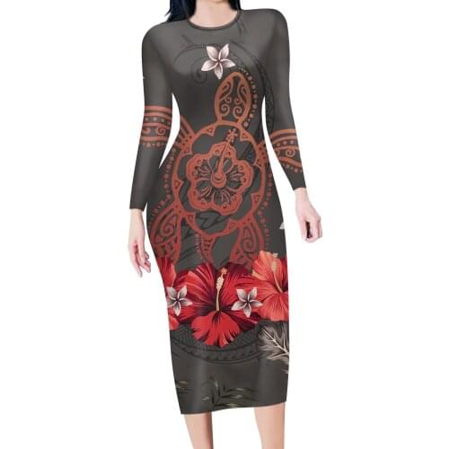 HYCOOL Long Sleeve Party Dresses Women Polynesian Tribal Hawaii Flower O-Neck Skinny Autumn Sexy Dresses Women Winter Outfit