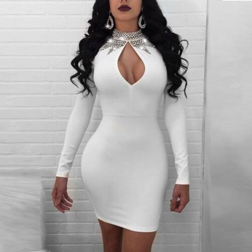 Women Sexy Slim Sequins Dress Long Sleeve O-Neck Solid Party Evening Pencil Mini Dress Dames robe femme vestidos Streetwear