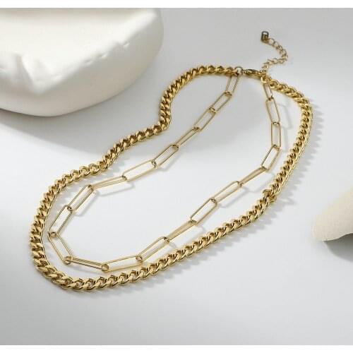 14K Gold Plated Stainless Steel Cuban Chain Choker Necklace For Women Rectangle Paperclip Chain Layered Necklace