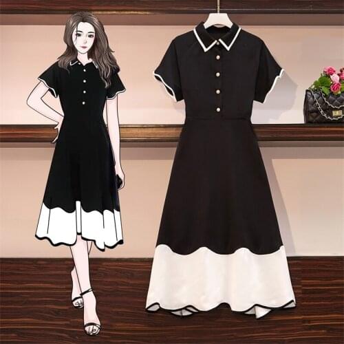 2021 Summer Womens Korean Solid Patchwork Midi Dress Turn-down Collar Ruffle Sleeve High Waist Button Dresses Office Lady