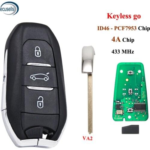 Smart-Keyless-Go Remote Car Key 433MHZ 4A / ID46 PCF7953 Chip for-Peugeot 208 308 508 3008-Citroen C4 DS4 DS5 HITAG2 VA2 Blade