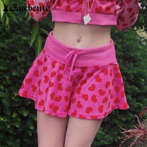 SUCHCUTE Kawaii Heart Print Mini Skirts Vintage Hight Waist Drawstring Y2K Skirt Velvet Harajuku Casual Women Clothes Streetwear