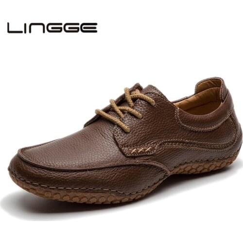 LINGGE Handmade Men Casual Shoes Cow Leather Lace-Up Men Leather Shoes Non-Slip Men Footwear Vintage Men Flats