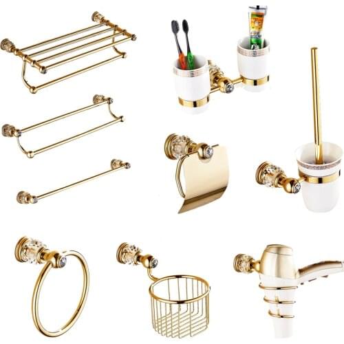 European Luxury Gold Crystal Brass Bathroom Accessories Bathroom Hardware Set Gold Soap Dish Towel Paper Holder send from Russia