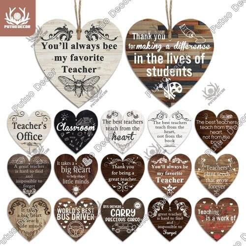 Putuo Decor Teacher Heart Shaped Wooden Hanging Sign Lovely School Plaque Crafts Ornament for Gift To Teacher Keepsake Tag