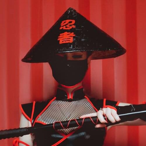 Nightclub Cosplay Ninja Knight Bamboo Hat Gogo Dancer Accessories Burning Man Festival Woman Stage Prformance Big Hat Black Red