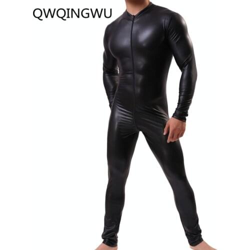Sexy Men Shapers Wetlook Leather Latex Catsuit Long Sleeves Zipper Gay Men Full Body Leotard Lingerie Bodysuit Clubwear Shapers