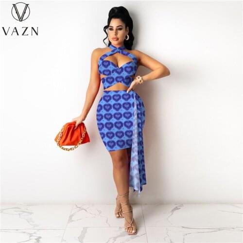 VAZN 2021 Summer Skinny Plaid Vocation Sexy Sleeveless Colorful Print Suits 2 Piece Set Women Top And Pant