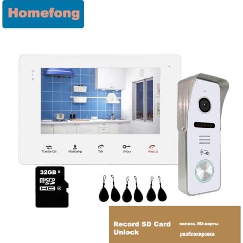 Homefong Home Intercom System Video Door Phone 7 Inch White Doorbell Camera with RFID Unlock IR Cut Leds Day Night Waterproof