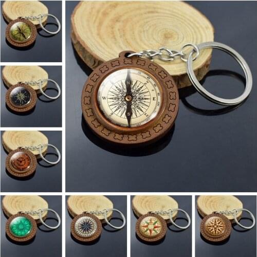 Vintage Jewelry Nautical Compass Wooden Keychain Glass Cabochon Mariners Compass Photo Keyring for Sailing Boating Key Chain